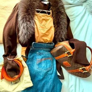 Brunch outfit. Celine bag, Gucci belt, Nordstrom cashmere/ fur wrap